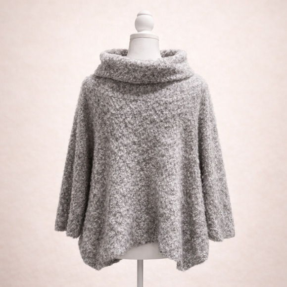 Ponsesa Cowl Neck Bouclé Knit Poncho Sweater Relaxed Cozy Luxury Heathered Grey - Picture 2 of 10